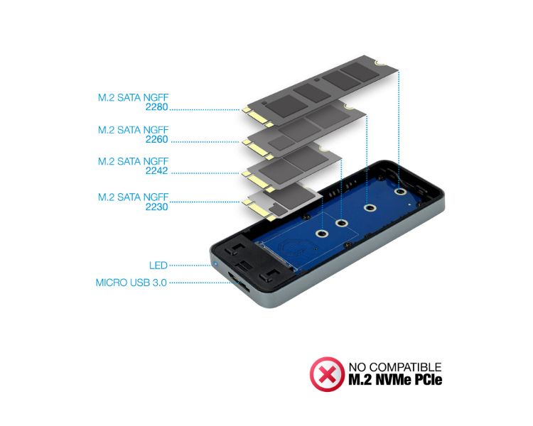 Externes M.2 NGFF SSD-Gehäuse – Mit Micro-USB 3.0, Aluminium, Für SSDs Bis 1 TB, Inkl. LED-Anzeige